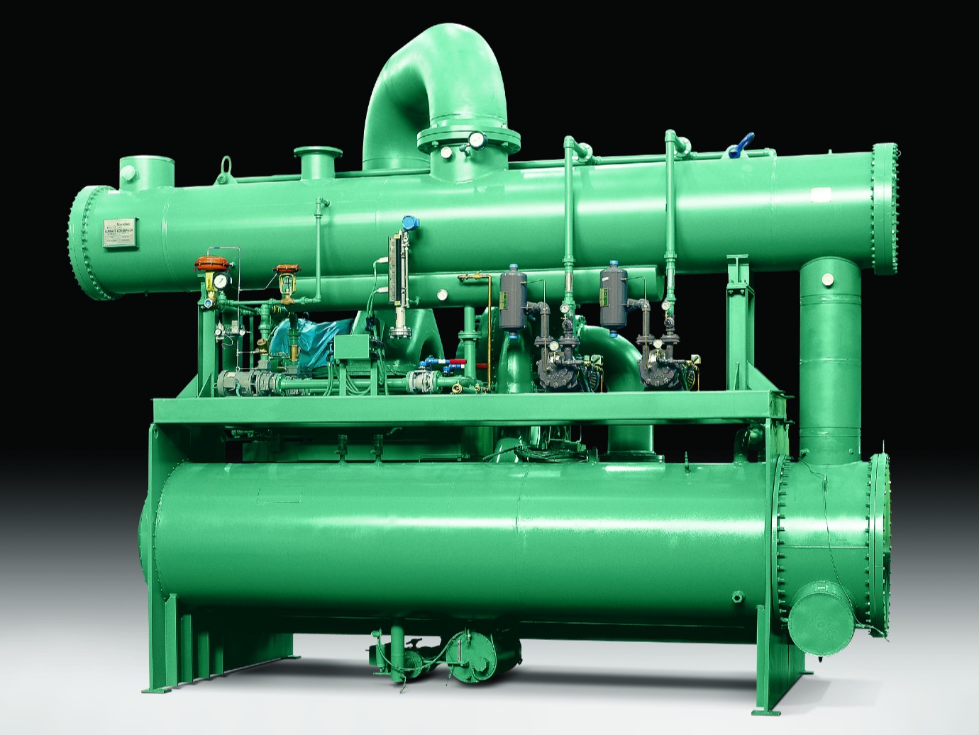 Rearview shot of the components used in a YORK YST Steam Turbine Centrifugal Chiller. 