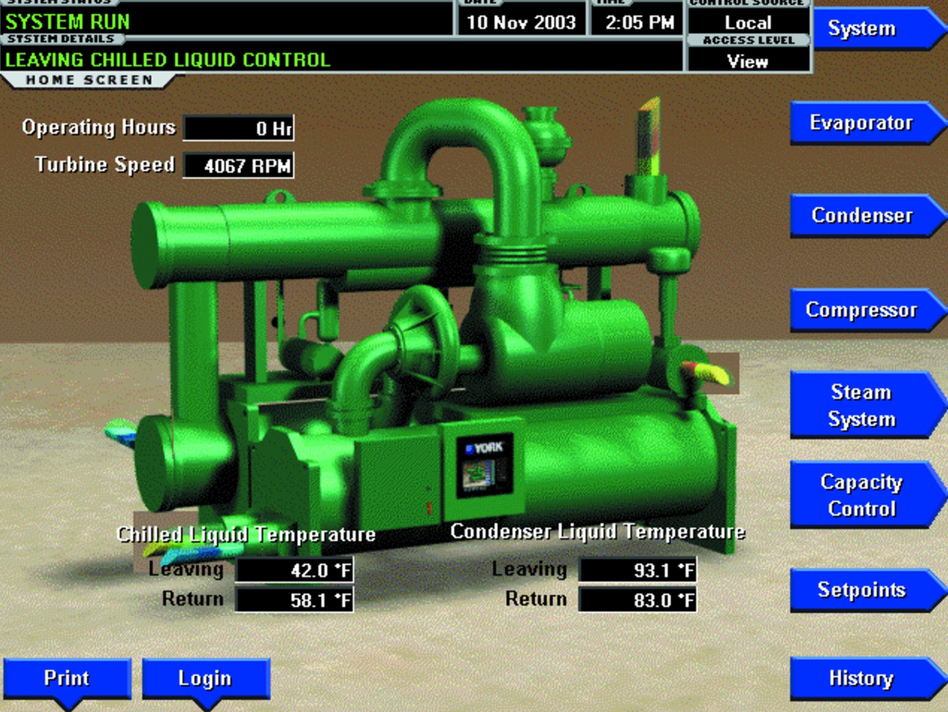View of the Optiview Control Center screen used for operation on a YORK YST Steam Turbine Centrifugal Chiller.