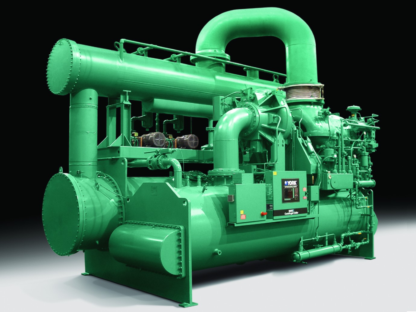 Rearview shot of the components used in a YORK YST Steam Turbine Centrifugal Chiller. 