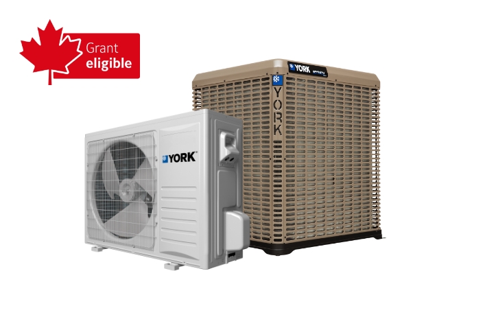 YORK® heat pumps with “grant eligible” text next to a red maple leaf.